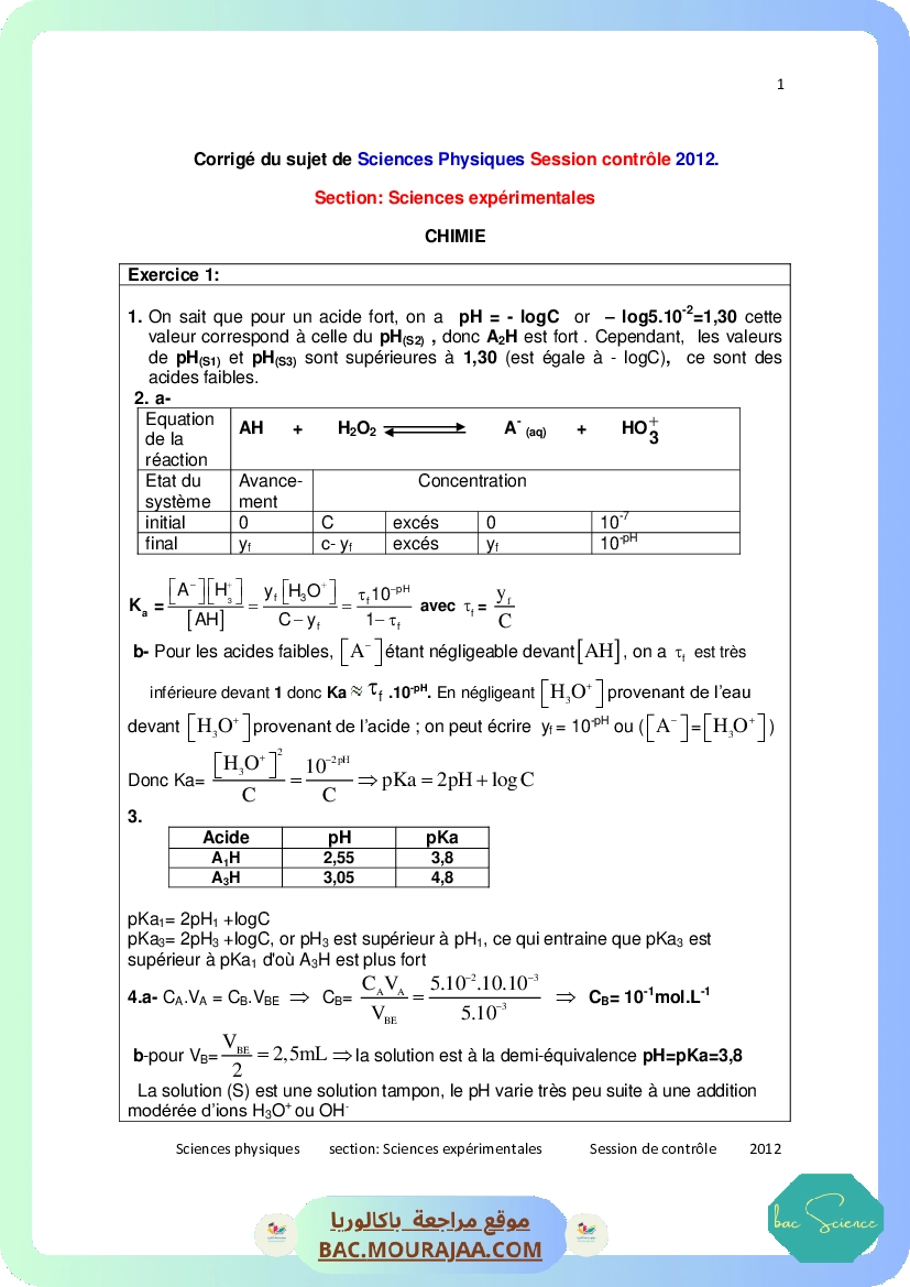 Corrigé controle physique Bac 2012 – Section science